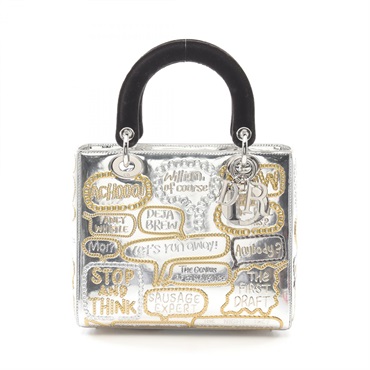 Christian Dior LADY DIOR  Hand bag Fabric Patent leather Silver Black Gold Used