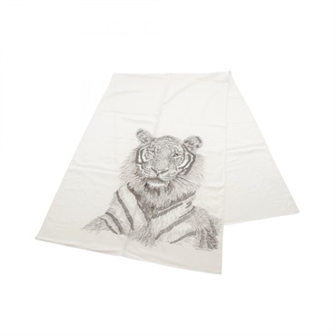HERMES Embroidery Tiger Stole scarf silk Beige Used Women