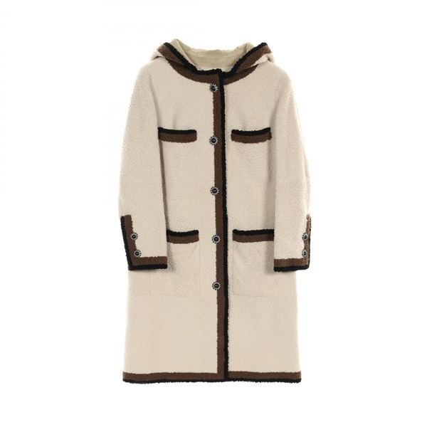 CHANEL Coat Jacket P54568 Mouton Beige Brown Black Used Women size 38