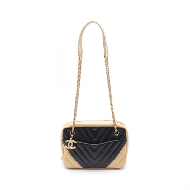 CHANEL V stitch chain Shoulder Bag A90807 Lambskin Black Gold Used GHW