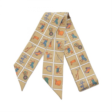 HERMES Twilly Couvertures et Tenues de Jour Scarf silk Khaki Multicolor Used Women