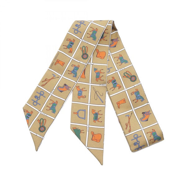 HERMES Twilly Couvertures et Tenues de Jour Scarf silk Khaki Multicolor Used Women