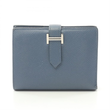 HERMES BEARN Compact Bi-fold wallet purse C Epsom leather Blue Ciel Used SHW