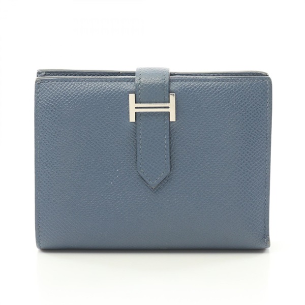 HERMES BEARN Compact Bi-fold wallet purse C Epsom leather Blue Ciel Used SHW