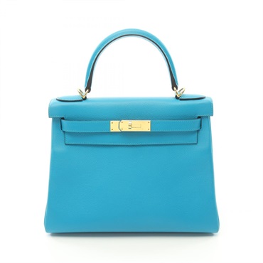 HERMES Kelly 28 Hand bag Y Inside stitched Evercalf leather Blue frida Used GHW