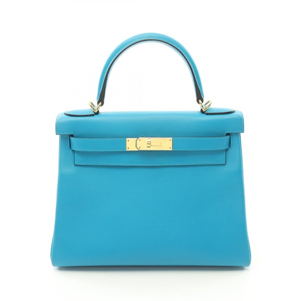 HERMES Kelly 28 Hand bag Y Inside stitched Evercalf leather Blue frida Used GHW