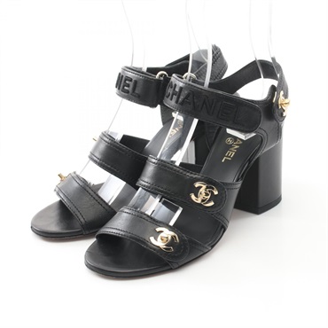 CHANEL COCO Mark Sandals #35C shoes heels G37387 leather Black Used