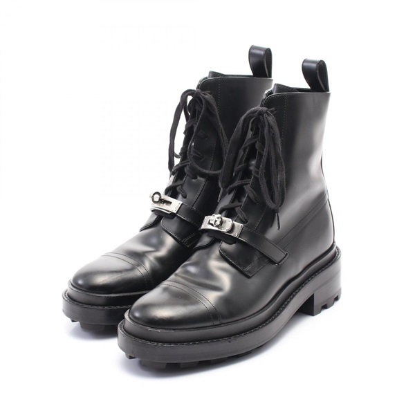 HERMES Kelly short lace-up boots shoes #35 leather Black Used Women