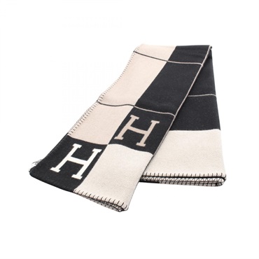 HERMES Plaid Avalon III Blanket wool cashmere Black Beige Used Women