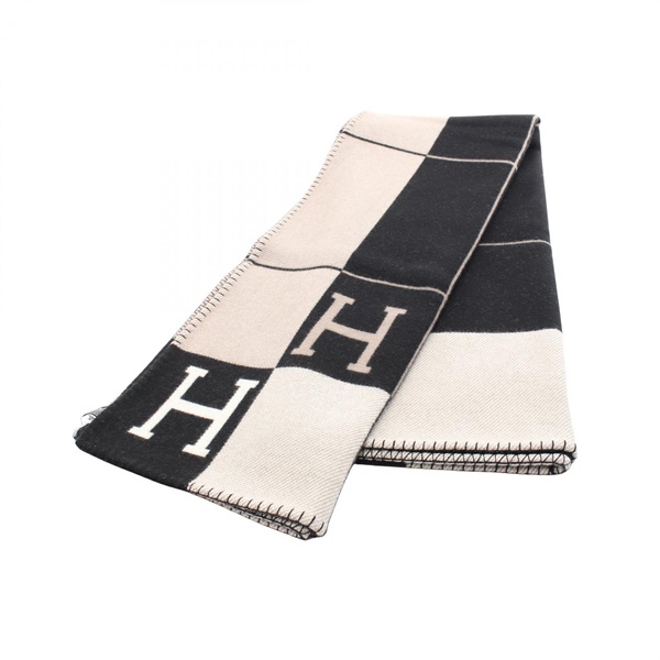 HERMES Plaid Avalon III Blanket wool cashmere Black Beige Used Women