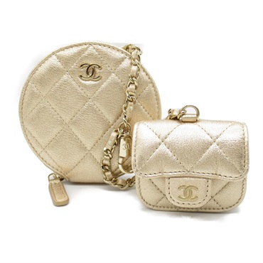 CHANEL Matelasse coin purse AirPods case Lamb leather Gold Used Women GHW CC