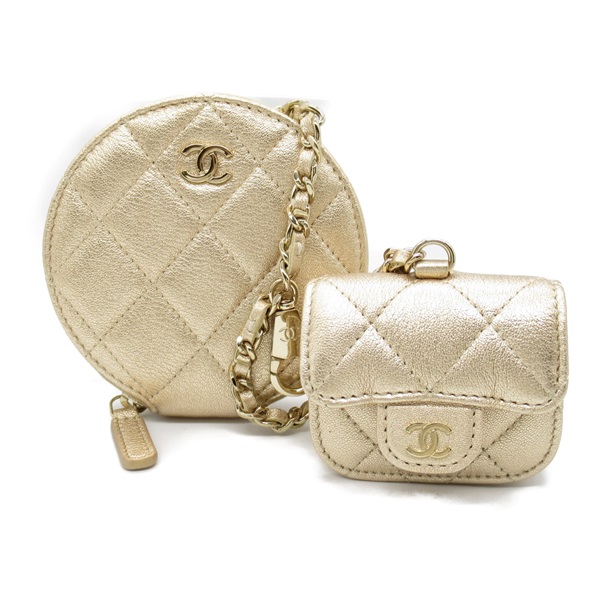 CHANEL Matelasse coin purse AirPods case Lamb leather Gold Used Women GHW CC