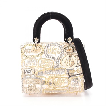 Christian Dior XU THEN Lady Dior 2way crossbody Hand bag plastic swede BK gold