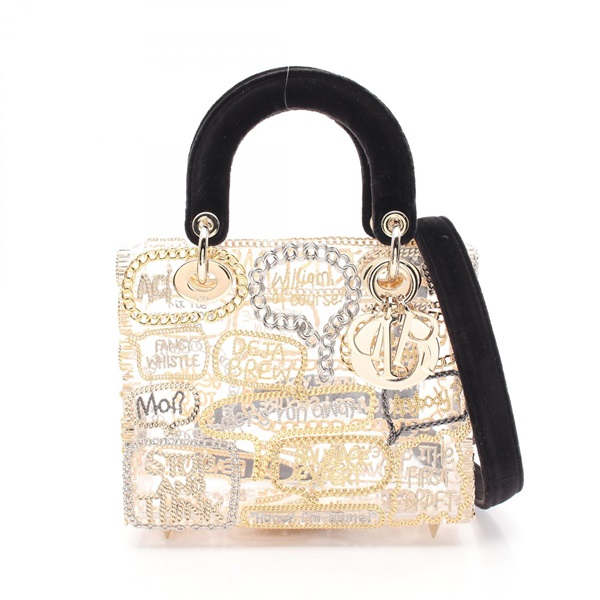 Christian Dior XU THEN Lady Dior 2way crossbody Hand bag plastic swede BK gold