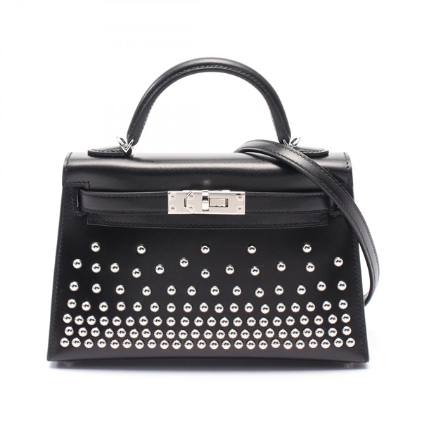 HERMES Mini Kelly 2 Crute 2way shoulder Hand bag W Box calf leather Black SHW