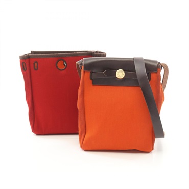 HERMES Herbag TPM Shoulder crossbody Bag H leather canvas rouge orange