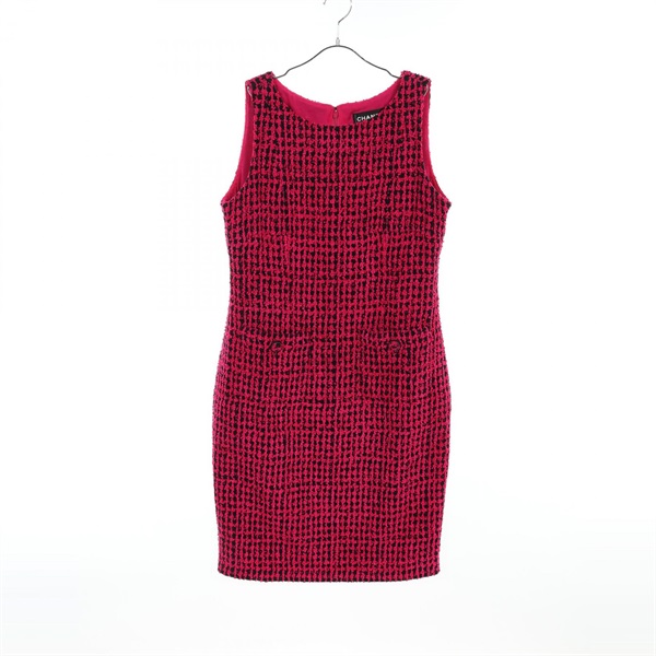 CHANEL Dress sleeveless mini #42 P55184V41404 Rayon cotton wool Pink Black tweed