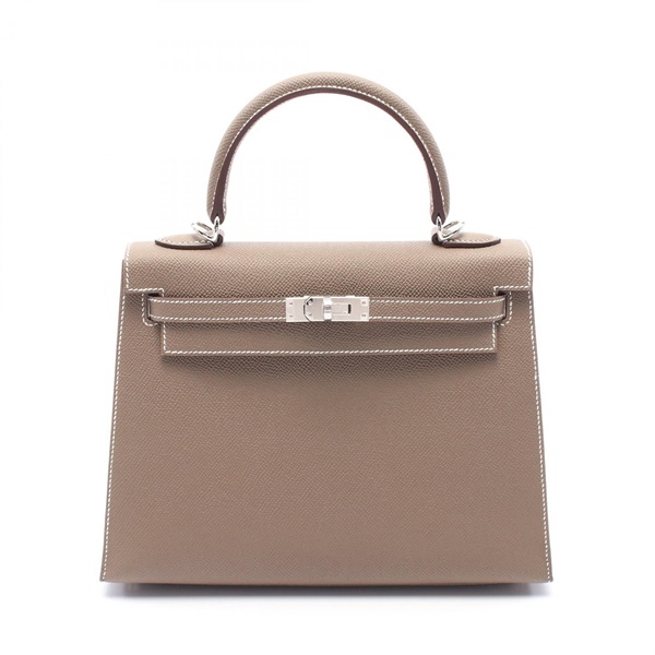 HERMES Kelly 25 Hand bag Outside stitched W Epsom Brown Etoupe Grey SHW
