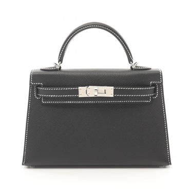 HERMES Mini Kelly 2 2way shoulder Hand bag W Epsom Black white stitch SHW