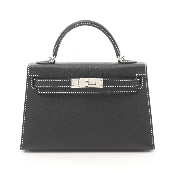 HERMES Mini Kelly 2 2way shoulder Hand bag W Epsom Black white stitch SHW