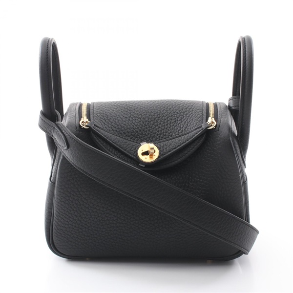 HERMES Lindy Mini Shoulder crossbody Bag W Taurillon Clemence  Black Used GHW