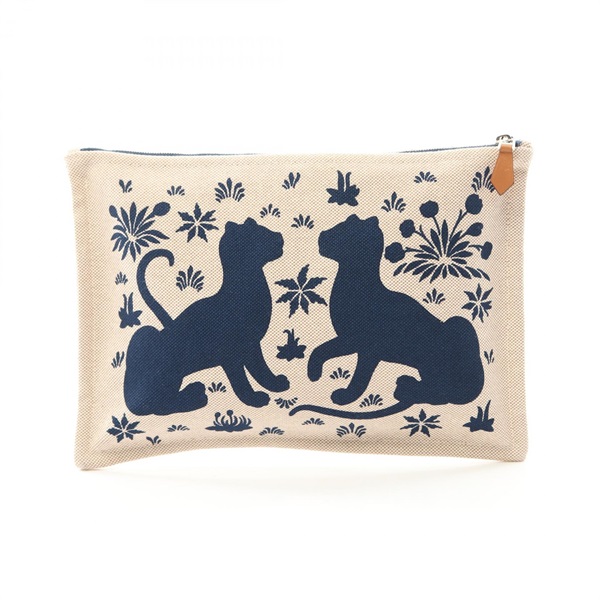 HERMES New Yachting GM Pouch purse canvas leather natural Navy Used SHW