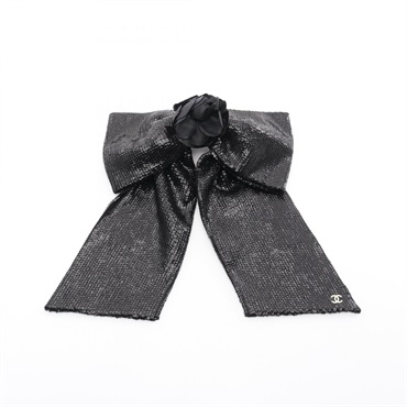 CHANEL Camelia Hair accessories clip Sequins Fabric Black Used Women CC Coco