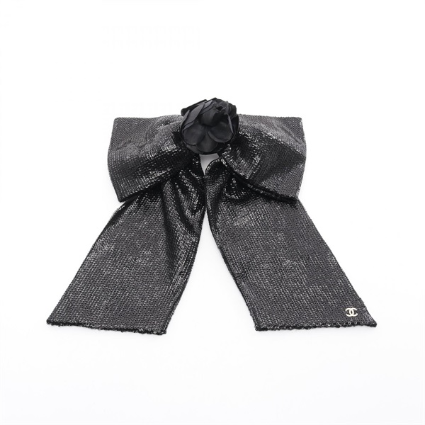 CHANEL Camelia Hair accessories clip Sequins Fabric Black Used Women CC Coco