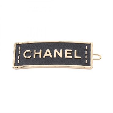 CHANEL logo brooch hair pin accessories Gold Plated leather Black Used