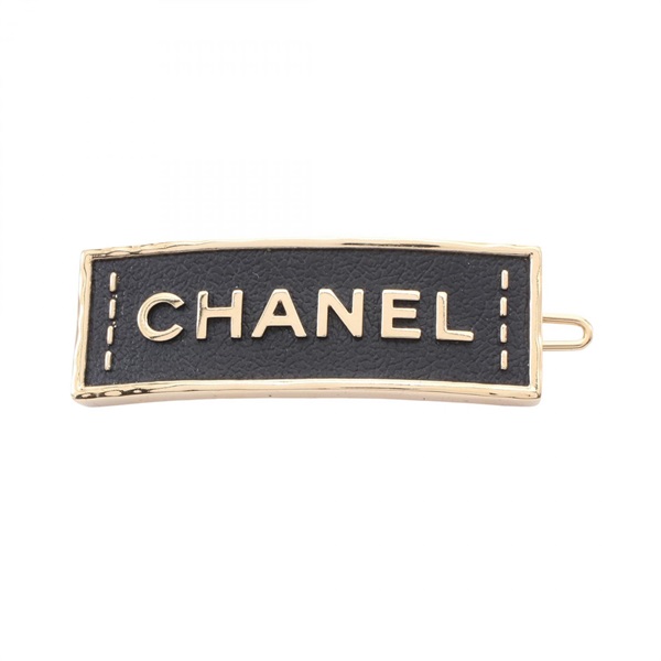 CHANEL logo brooch hair pin accessories Gold Plated leather Black Used