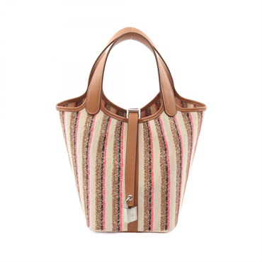 HERMES Picotin Lock PM Hand bag W Toile H Swift Gold Ecru Fauve Used SHW