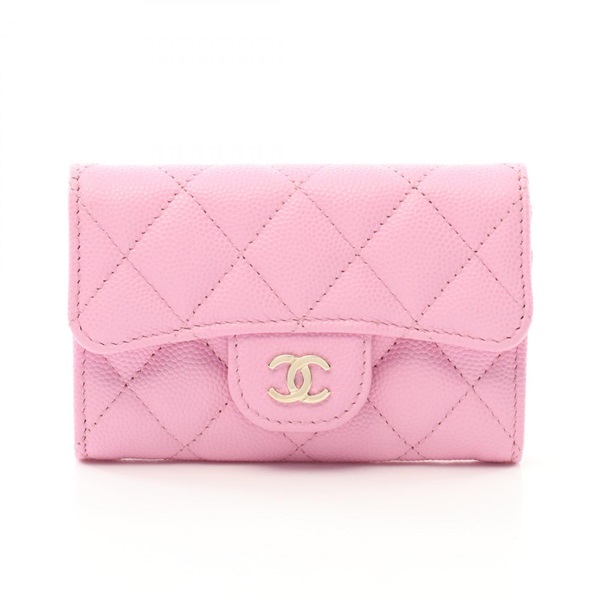 CHANEL Classic flap card case Matelasse holder AP0214 leather Pink Used GHW