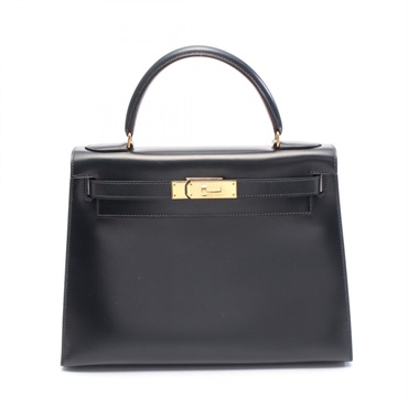 HERMES Kelly 28 2way shoulder Hand bag R Outside stitched calf leather Navy GHW