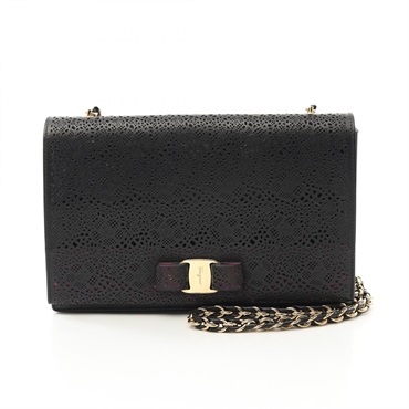 Salvatore Ferragamo Gancini Chain Shoulder crossbody Bag leather Black Used GHW