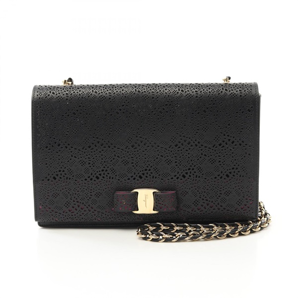 Salvatore Ferragamo Gancini Chain Shoulder crossbody Bag leather Black Used GHW