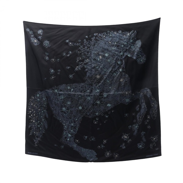 HERMES Carre 90 Robe legere embroidered Scarf silk Black Multicolor Used