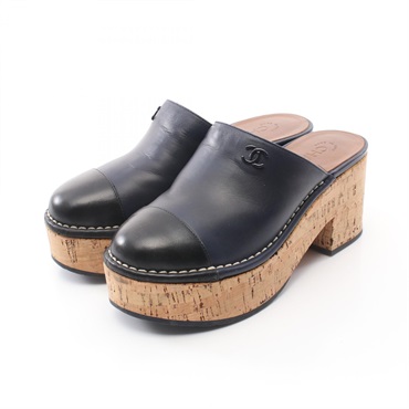 CHANEL COCO Mark Sabo Mule sandals shoes #36 leather Navy Black Used Women