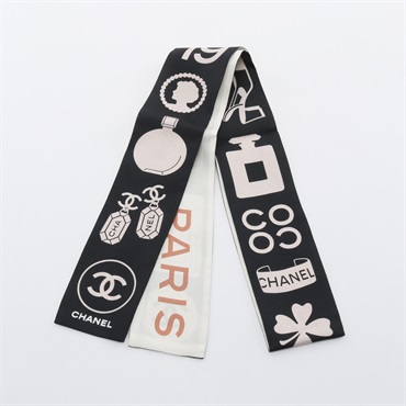 CHANEL 31 RUE CAMBON ICON Scarf silk Black Beige Used Women CC Coco