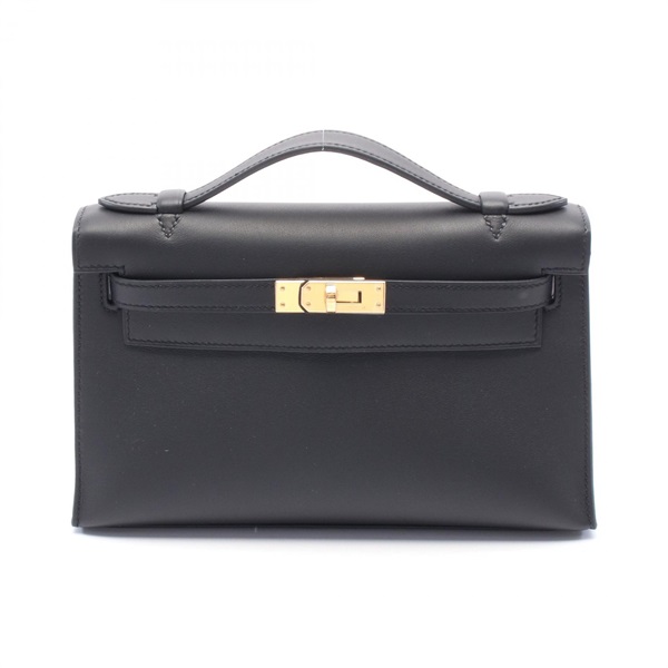 HERMES Pochette Kelly Mini Hand bag W Swift leather Black GHW