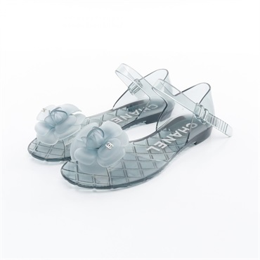 CHANEL Camelia Sandals Shoes flat rubber Blue Used Women #38 CC Coco