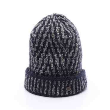CHANEL COCO Mark button Knit cap P39283K02764 wool Moheya Navy Gray Used Women M