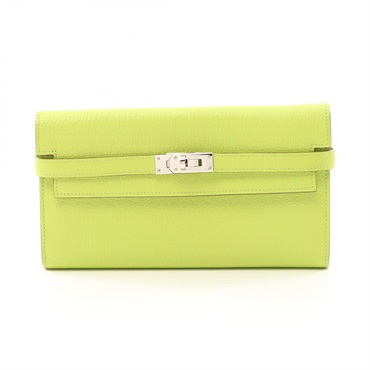 HERMES Kelly Tri-fold long wallet purse O Chevre Apple green Used SHW