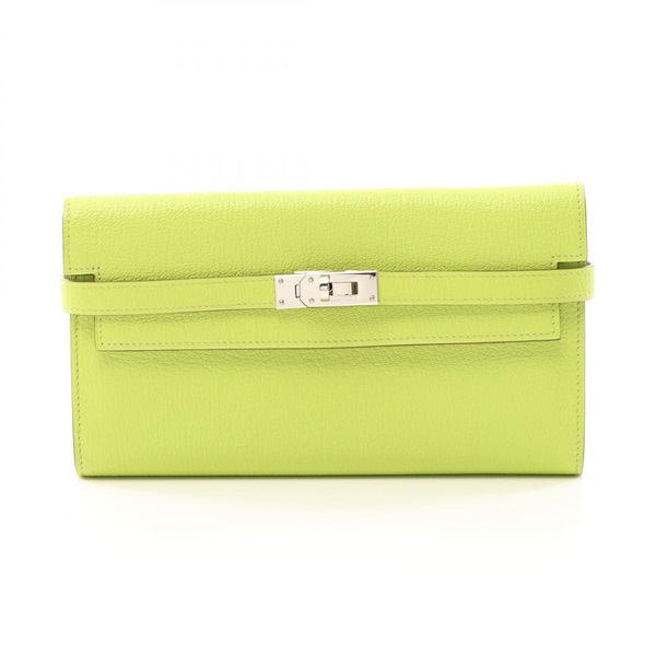 HERMES Kelly Tri-fold long wallet purse O Chevre Apple green Used SHW