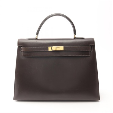 HERMES Kelly 35 shoulder Handbag Y Outside Stitched Box Calfskin Ebene Used GHW