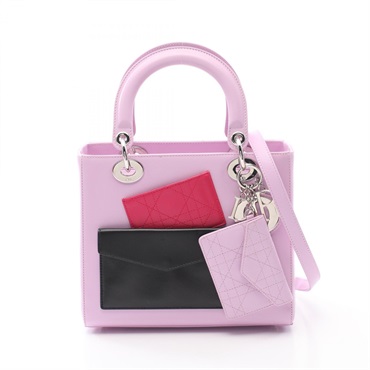 Christian Dior LADY DIOR Medium 2way tote shoulder Hand bag leather pink Used