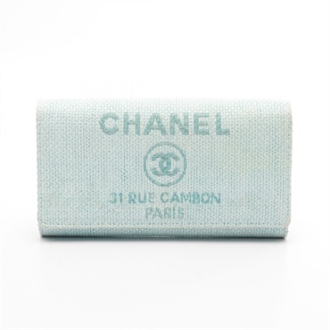 CHANEL Deauville Bi-fold purse wallet A80053 leather Fabric Blue Used Women SHW