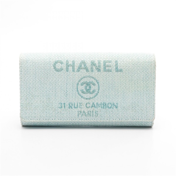 CHANEL Deauville Bi-fold purse wallet A80053 leather Fabric Blue Used Women SHW