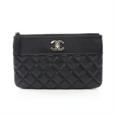 CHANEL Matelasse Pouch purse leather Black Used GHW