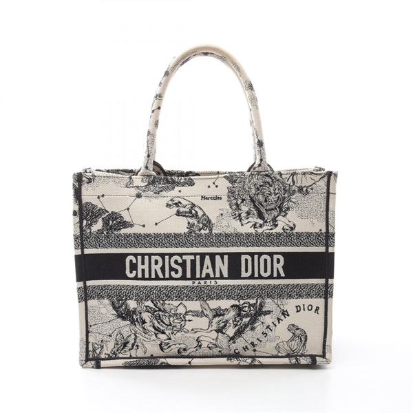 Christian Dior BOOK TOTE Medium hand Bag canvas White Black jacquard Used