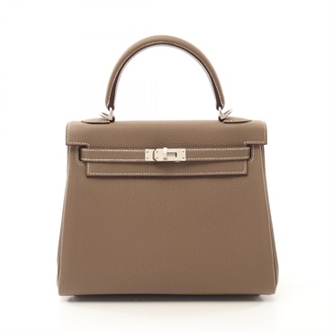 HERMES Kelly 25 Handbag 2way shoulder Togo leather Brown Etoupe Grey Used SHW